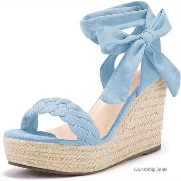 Shoes - Suede Espadrille Wedge Sandals with Braid and Lace Up Ankle Strap